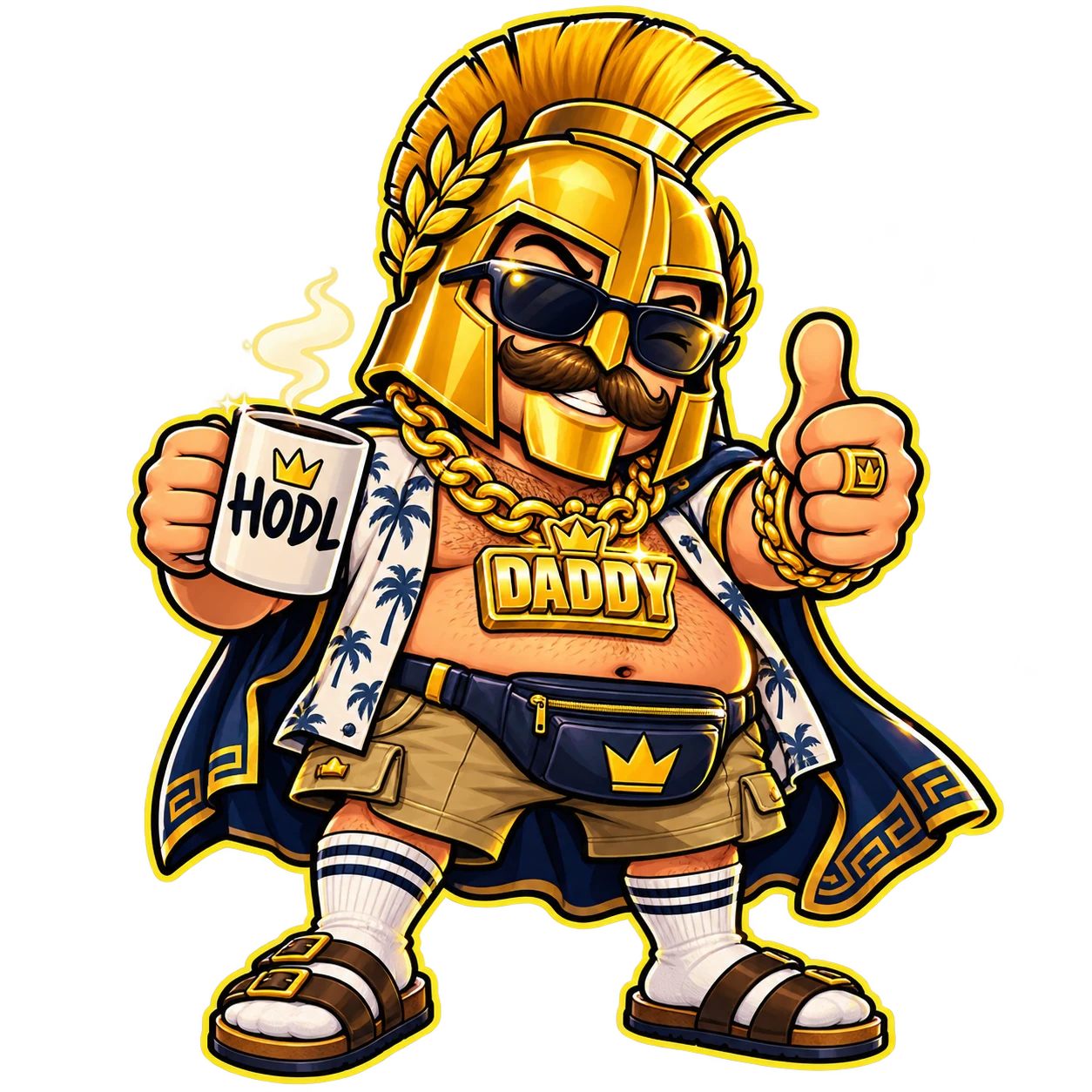 Ridiculous golden Spartan dad with moustache, sunglasses, sandals, cargo shorts and a HODL mug